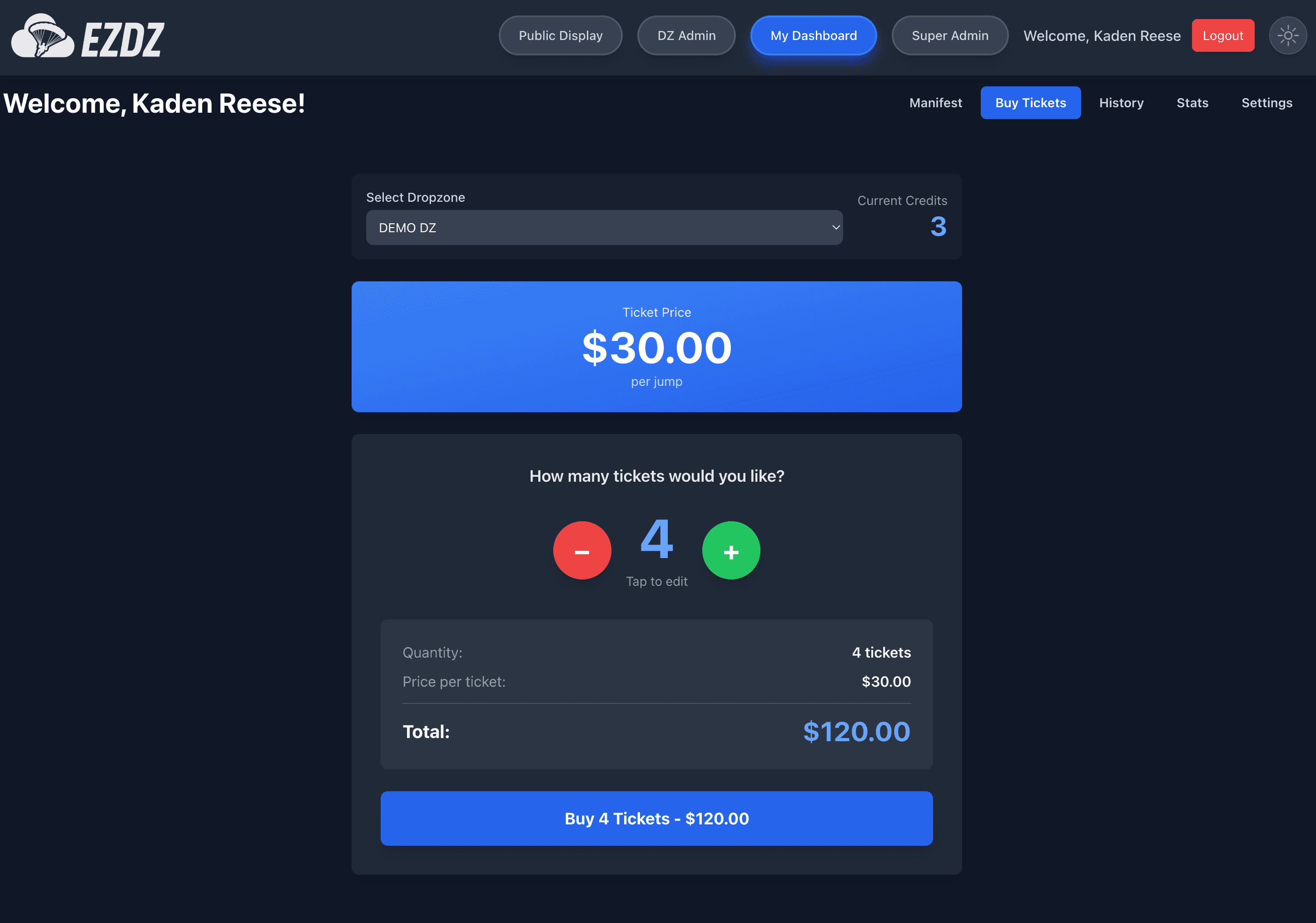 EZDZ Tickets - Digital ticket purchase screen