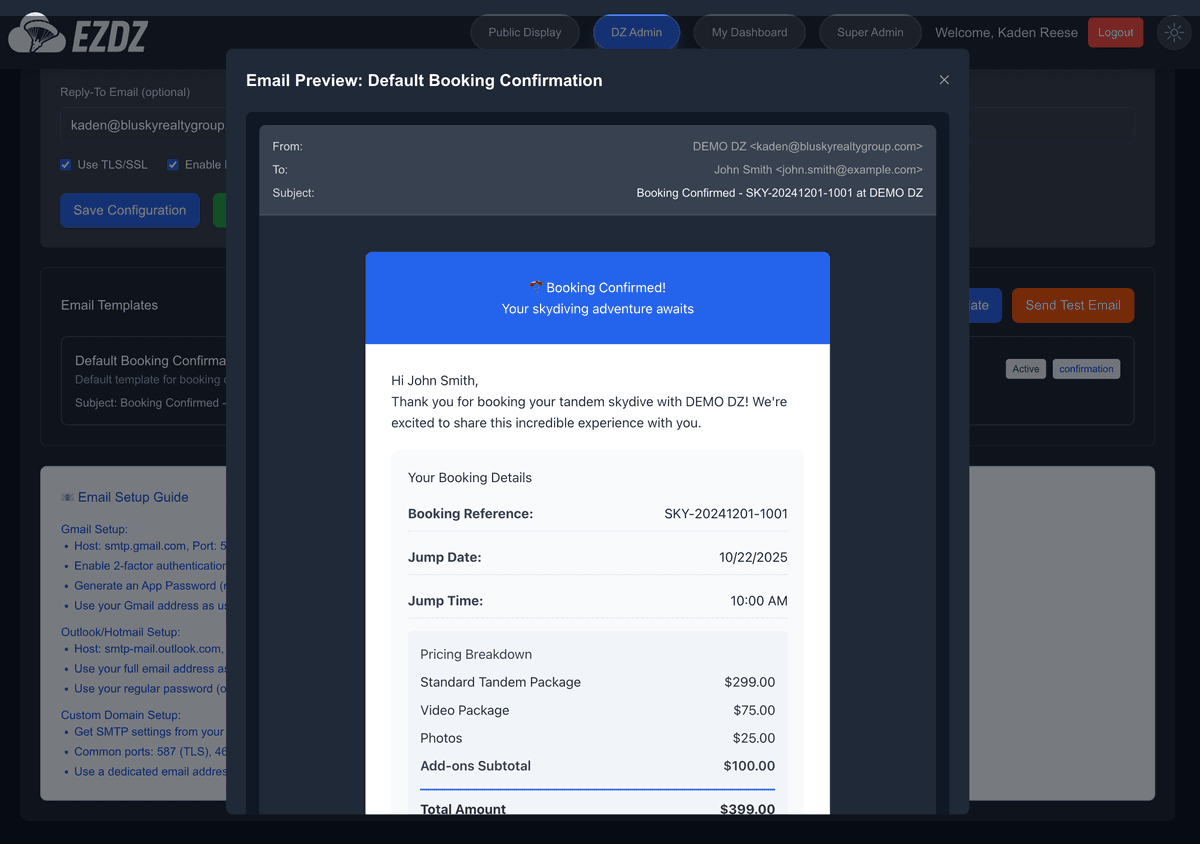 EZDZ abandoned booking recovery email for skydiving drop zones