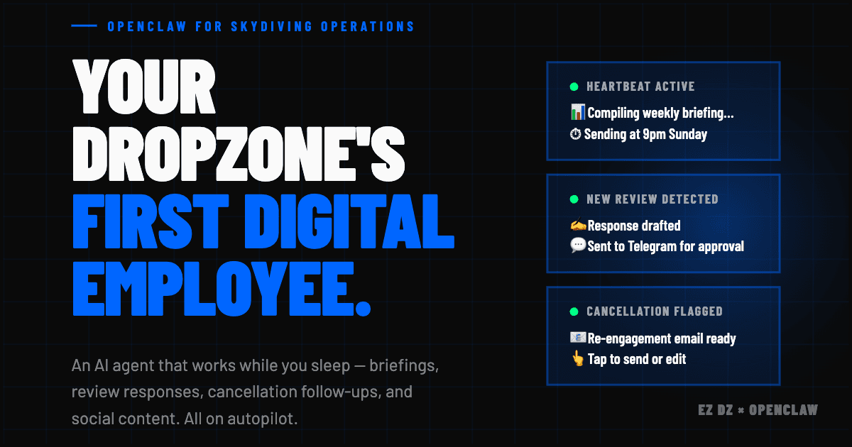 OpenClaw AI agent running autonomous operations for a skydiving dropzone