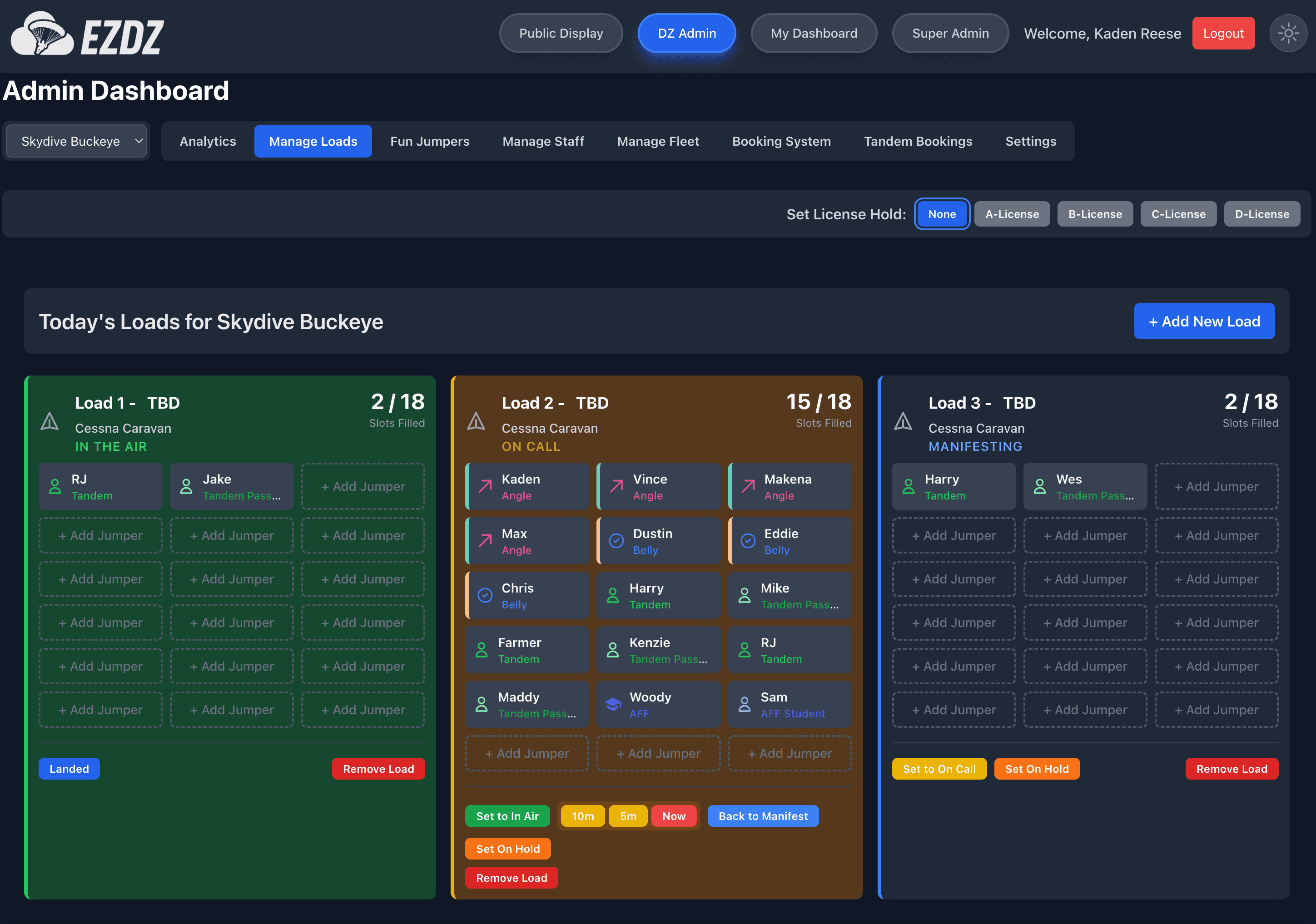 Digital load management screen with scheduled loads and jumper manifests