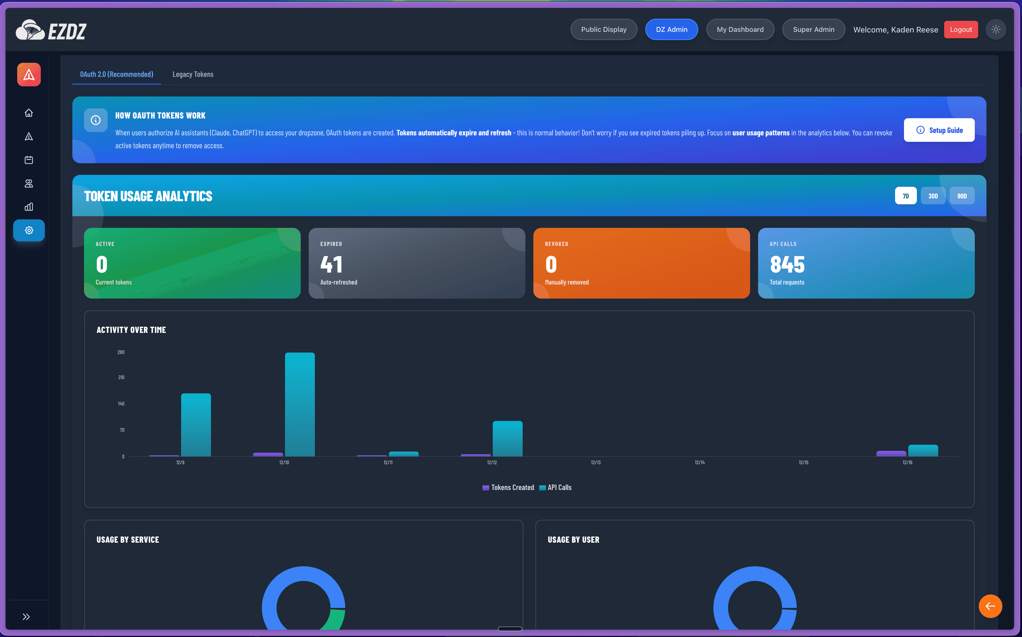 EZ DZ MCP integration settings in admin panel showing OAuth and API token configuration
