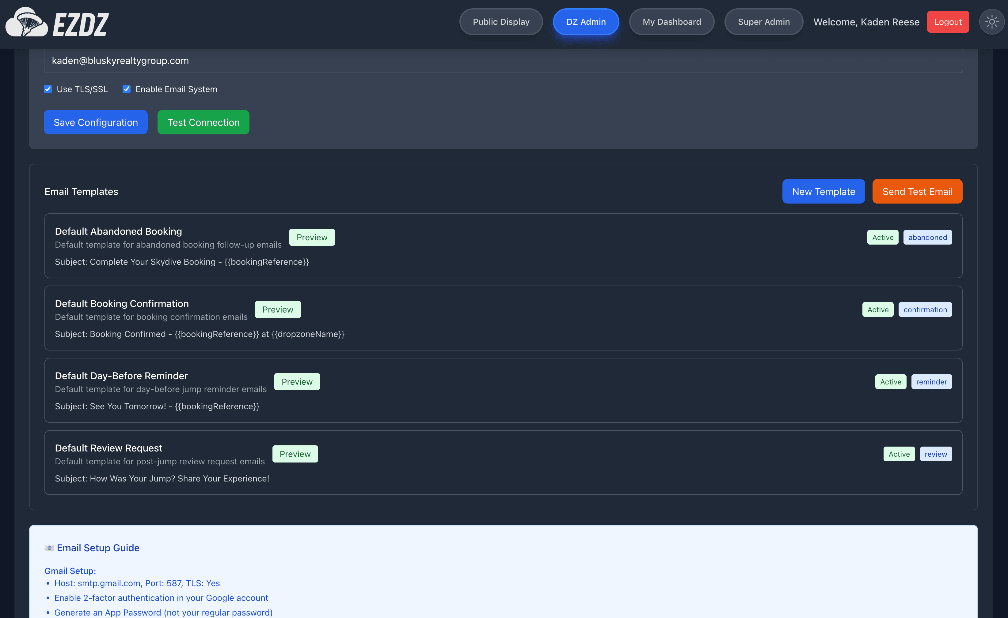 Email template management interface showing different automated workflows