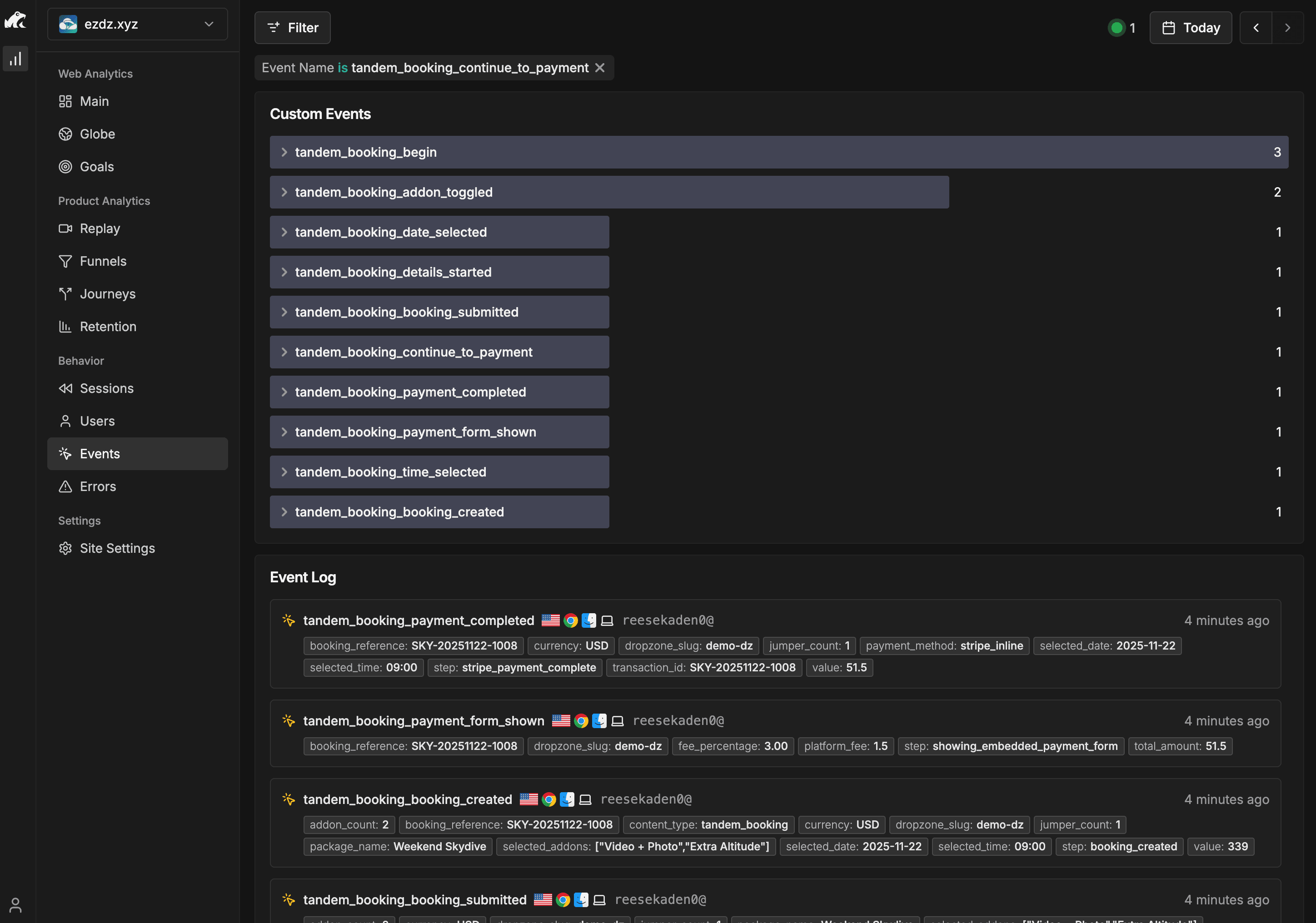 Rybbit analytics dashboard showing custom event tracking across the entire booking funnel