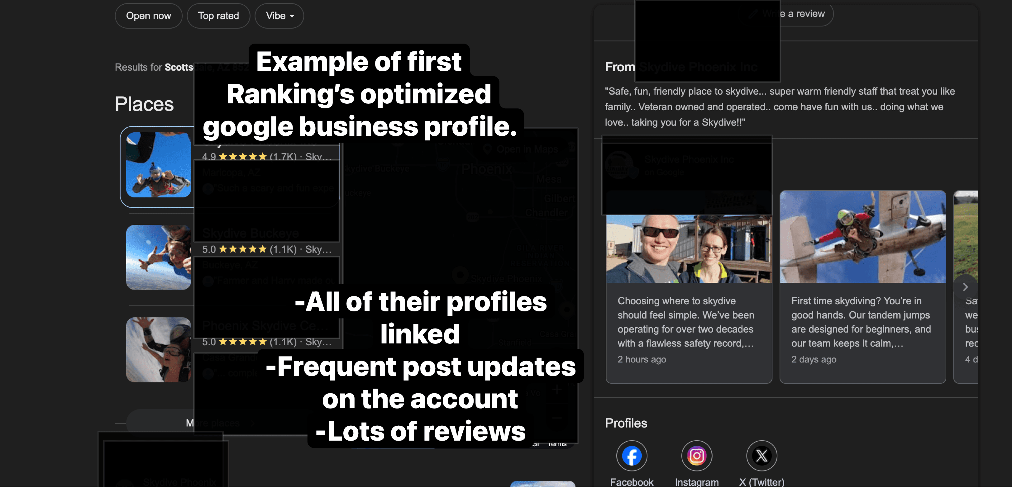 Google Business Profile of the first-ranked skydiving center showing linked social profiles, frequent post updates, and a high volume of reviews with recent customer feedback