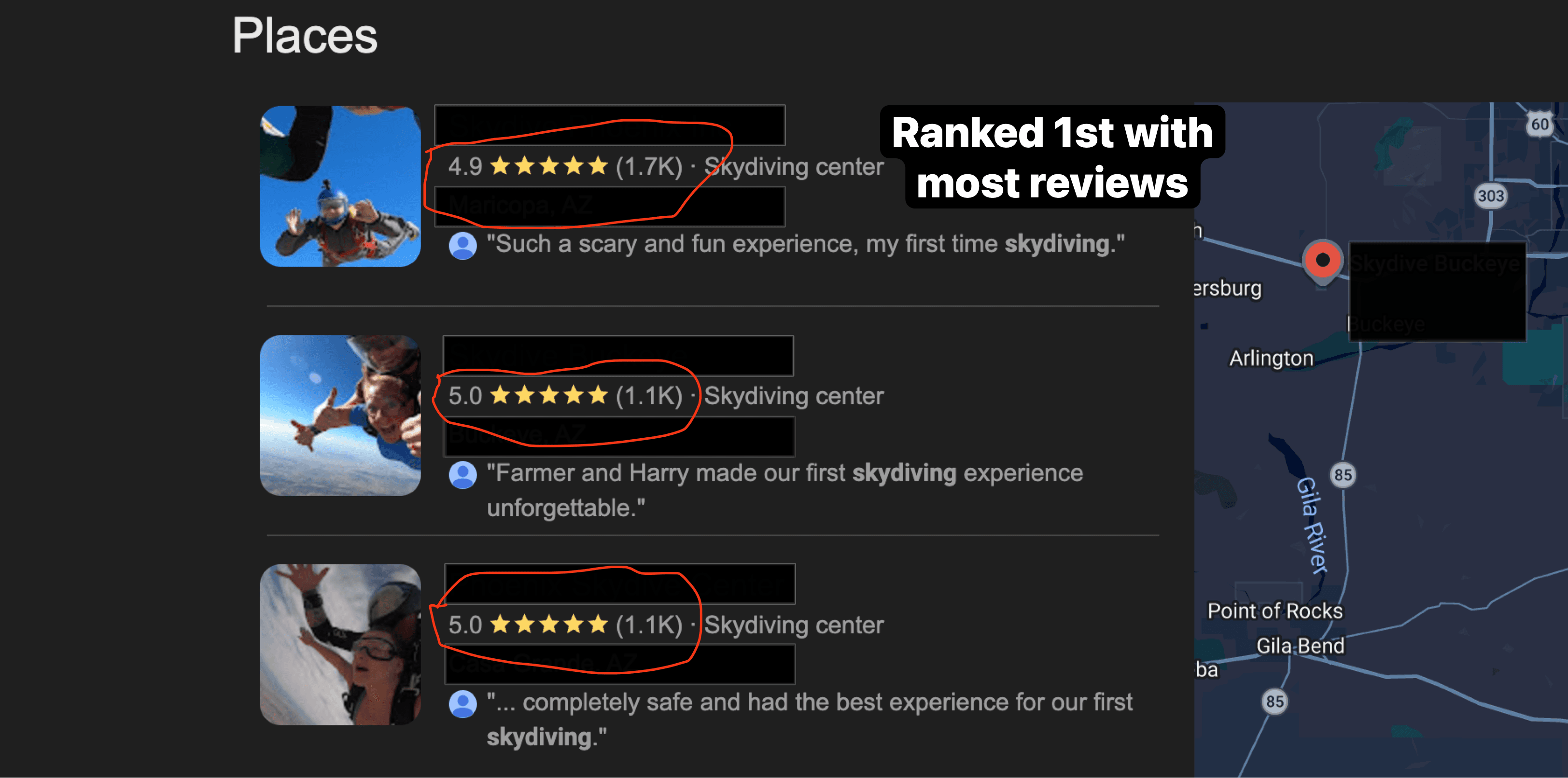 Google Maps local results showing three skydiving centers with the first-ranked having 1.7K reviews at 4.9 stars, while second and third place both have 1.1K reviews at 5.0 stars
