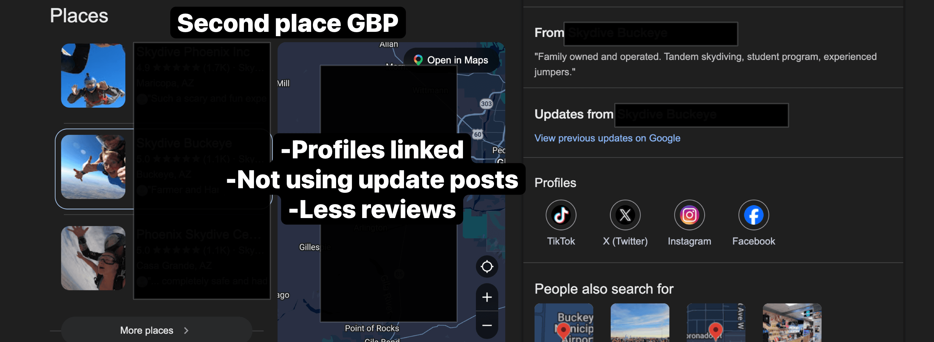 Google Business Profile of the second-ranked skydiving center showing linked social profiles but no post updates and fewer reviews